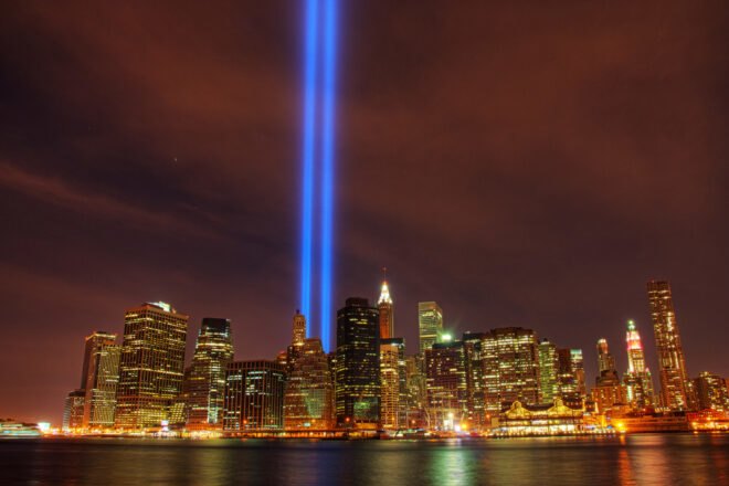 blue beams of light in NYC to honor fallen Twin Towers