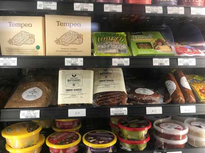 plant-based meats in a grocery store