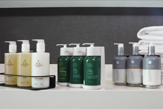 Hotel toiletries with shampoo and soap