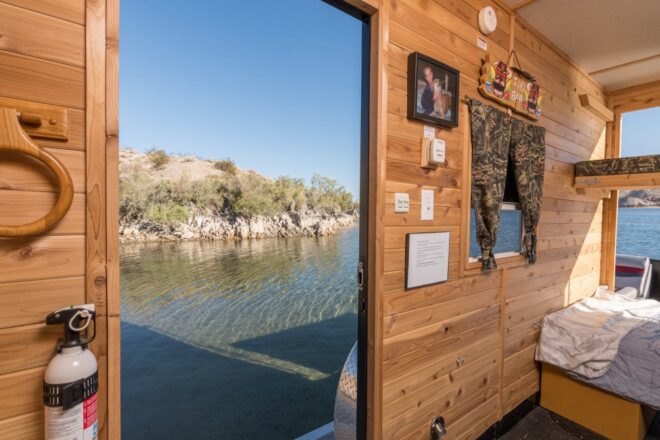 view from inside tiny house boat