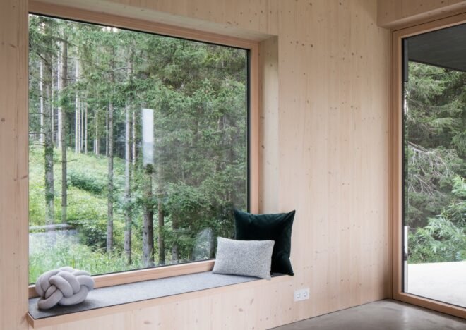 large window with seating bench