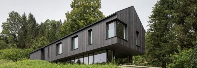 dark home with pitched roof