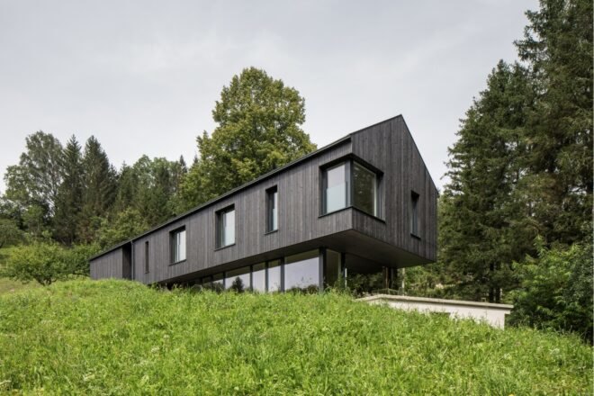 Elongated home with pitched roof