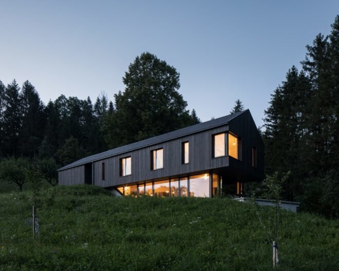Elongated home with pitched roof