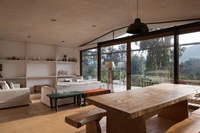 living area with wood table and white sofa