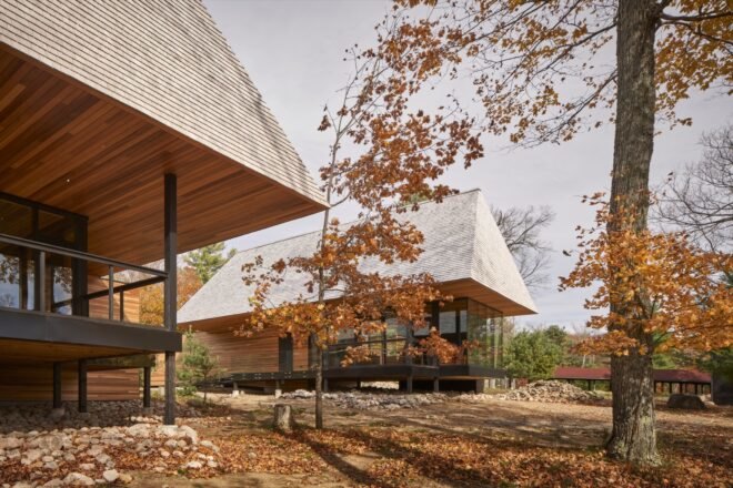 exterior view of cabins surrounded by trees and foliage