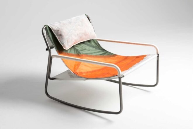 low-slung chair with multicolored fabric