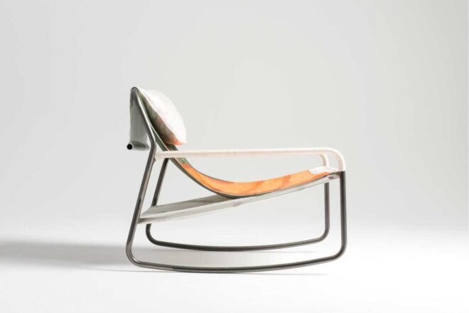 low-slung chair with multicolored fabric
