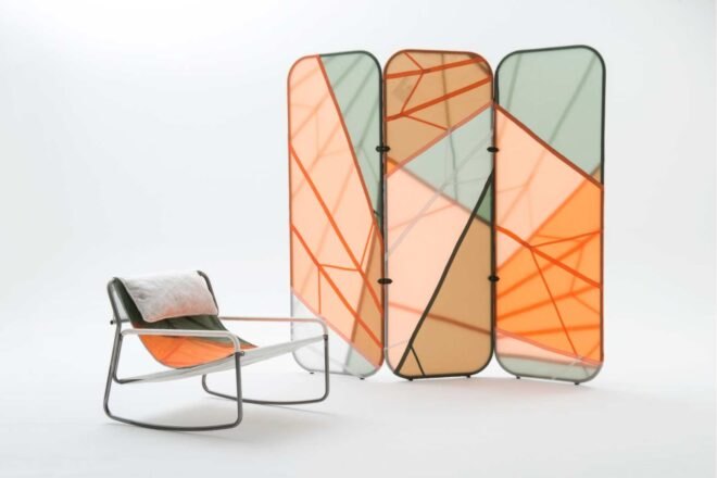 colorful chair with three panels in the back