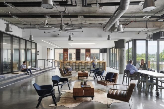 office area with kitchen island and wood tables and leather chairs