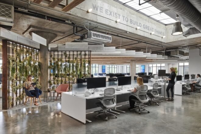 long white desks with computers