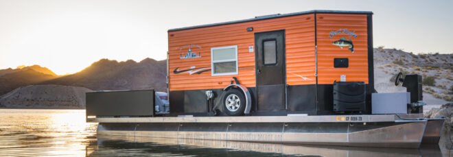 tiny house boat on pontoon