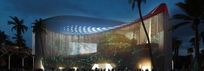 curvy pavilion with LED screen exterior