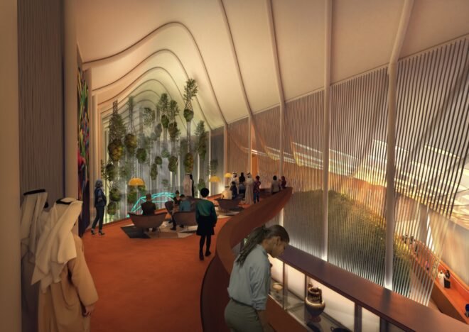 pavilion interior with curved ceilings and plants on the walls