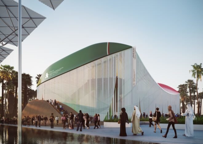 rendering of people walking past a tall pavilion