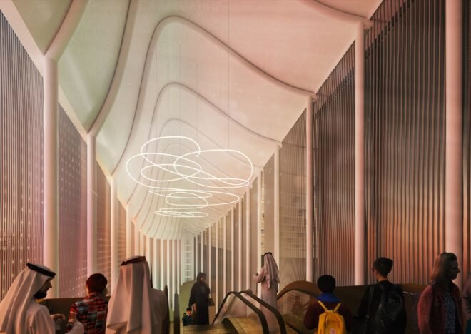 rendering of people taking escalators in a curvy pavilion