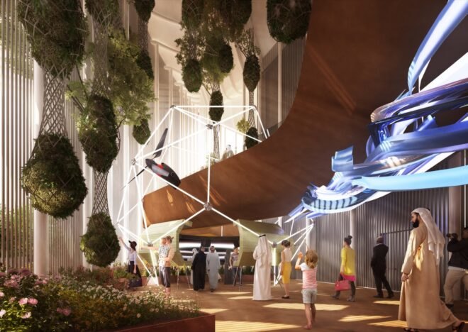 rendering of pavilion interior with huge hanging plants