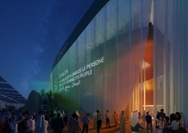 rendering of pavilion with LED facade