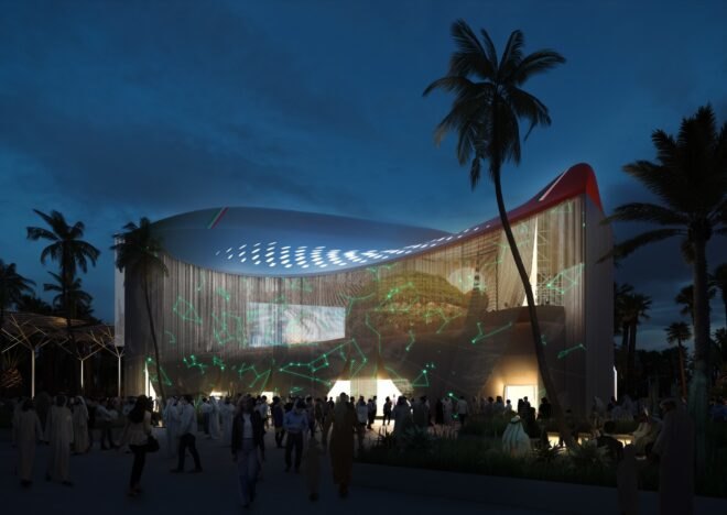 curvy pavilion with LED screen exterior