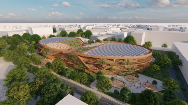 infinity-sign-shaped building with green roofs and solar panels