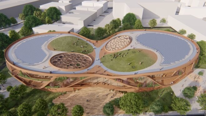 infinity-sign-shaped building with green roofs