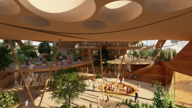 rendering of people walking in wood-lined interior filled with plants