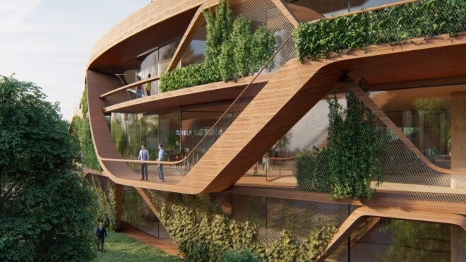 rendering of balconies and walkways covered in plants