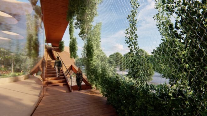 rendering of mesh screen covered in plants