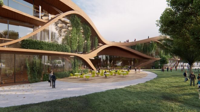 rendering of outdoor patio near building with mesh screens covered in plants