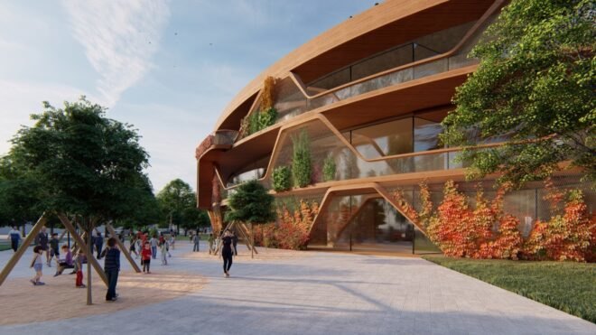 wood building with plant-covered mesh screens