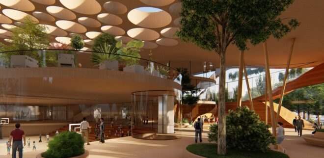 wood interior with trees and round skylights