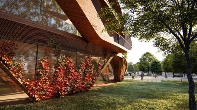 red and green plants creeping up mesh exterior