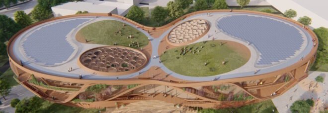 infinity-sign-shaped building with green roofs