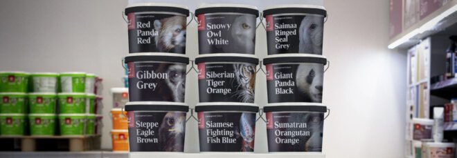 paint buckets with animals on cover shelved at store