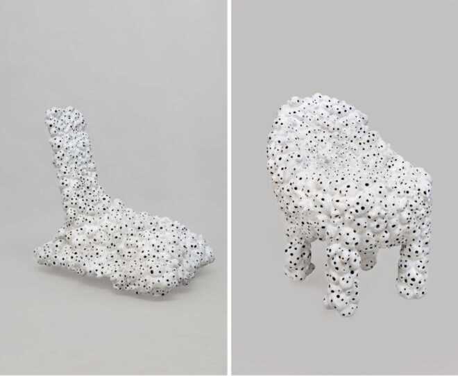 white sculptural chairs with holes