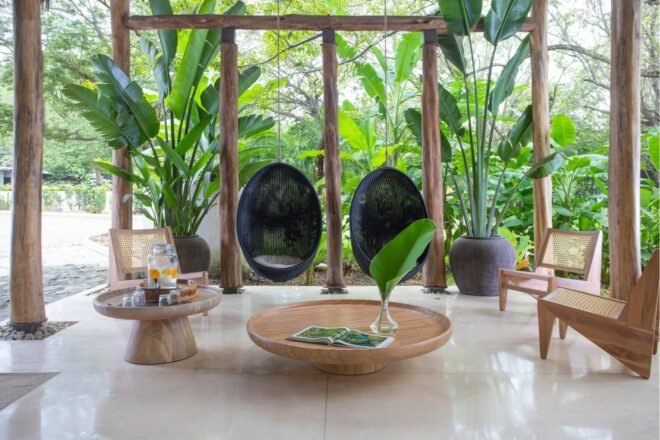 table in front of greenery