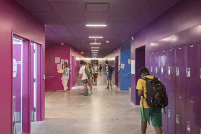 hallway with purple walls