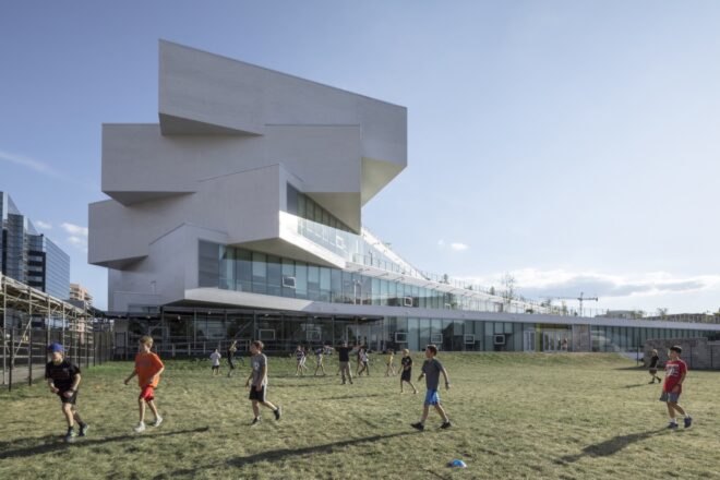 white building with staggered exterior
