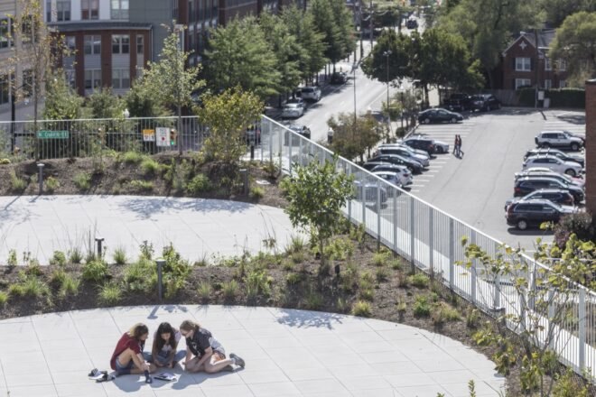 circular concrete spaces surrounded by greenery on a rooftop terrace