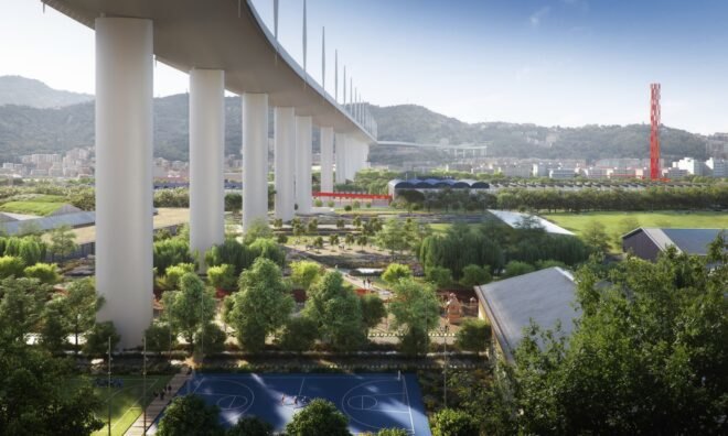 renderings of a park in the center of a city