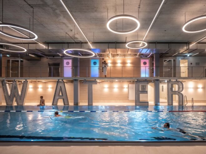 interior of the building with a pool