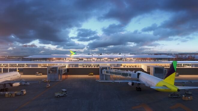 rendering of airport building with glass walls