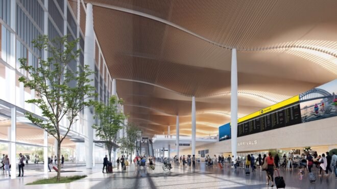 rendering of airport terminal with wavy ceiling and several trees