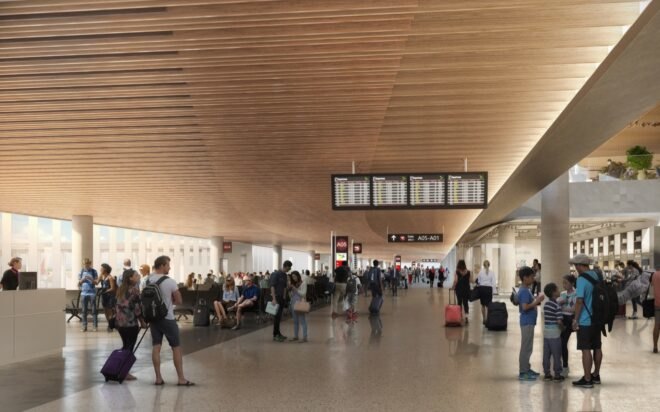 rendering of people inside airport with black seating