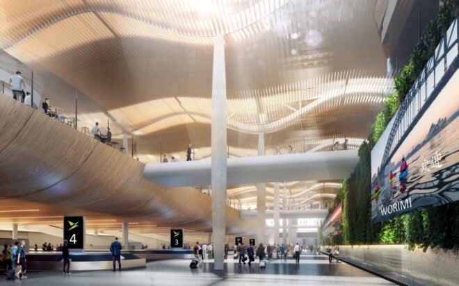 rendering of airport baggage claim area with a green wall