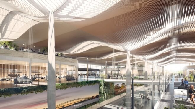 rendering of airport with green wall and wavy ceilings