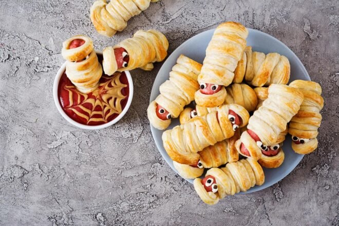 hot dogs wrapped in dough to look like mummies