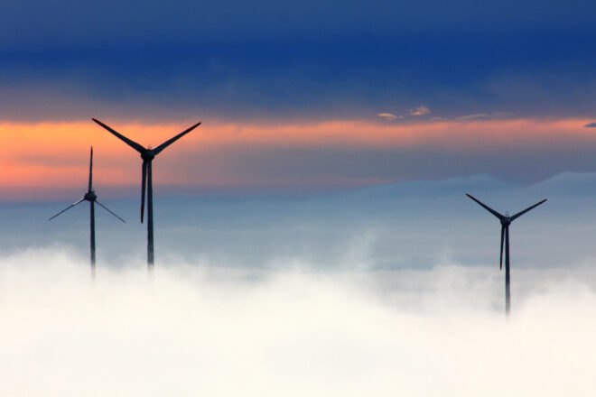 windmills in fog