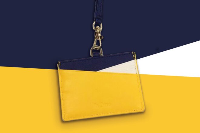 yellow and blue card holder on yellow and blue background