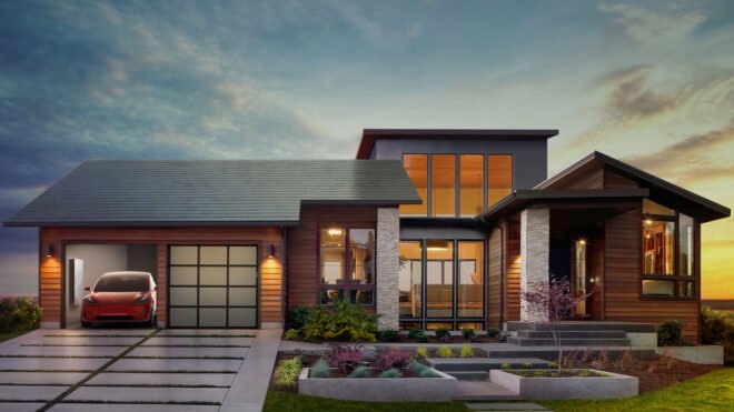 rendering of home with Tesla solar roof tiles